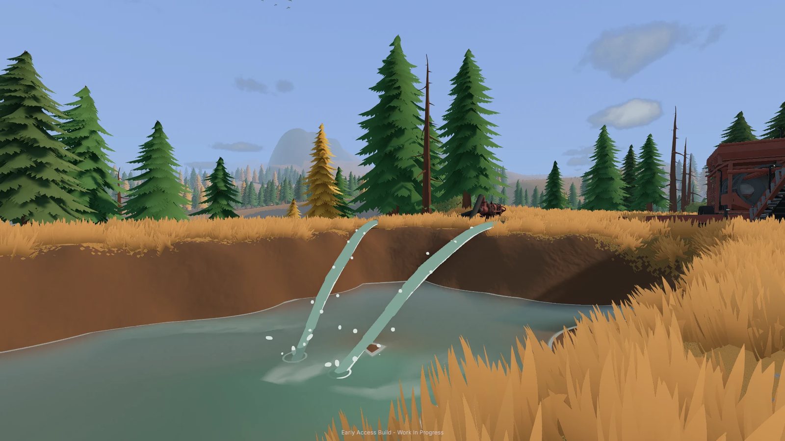 Official Steam store screenshot: water running through the sluice boxes at the wash plant